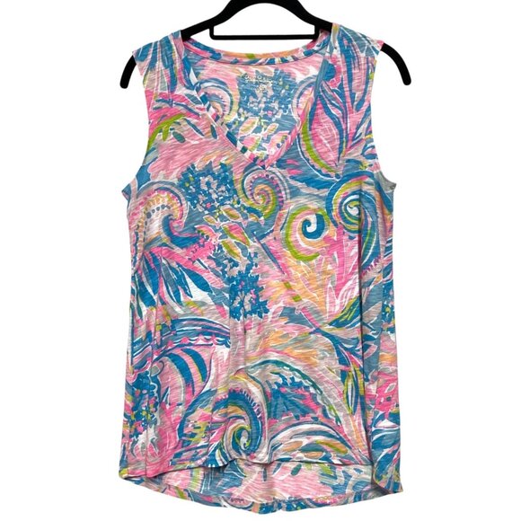 Lilly Pulitzer V-Neck Cotton Sleeveless Tank Top, XXS,‎ Pastel Tropical ALTERED - Picture 2 of 10